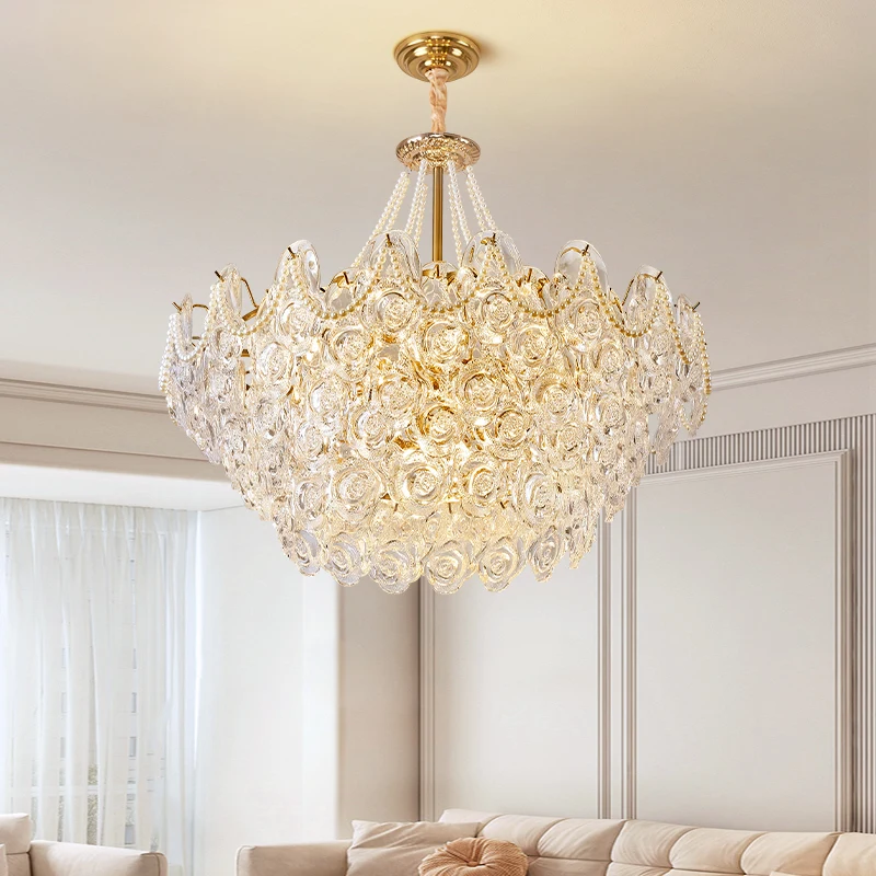 Living Room LED Pendant Light French Crystal Lamp Rose Blossoms Luxury Chandelier Pearl Bedroom Dining Room Lighting Decoration