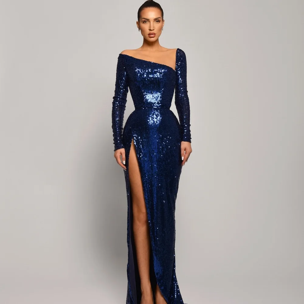 Sansa Exquisite A-line Sequin Evening Dress Customized Floor-Length Wedding Dresses Side Splite Long Sleeve vestidos de fiesta