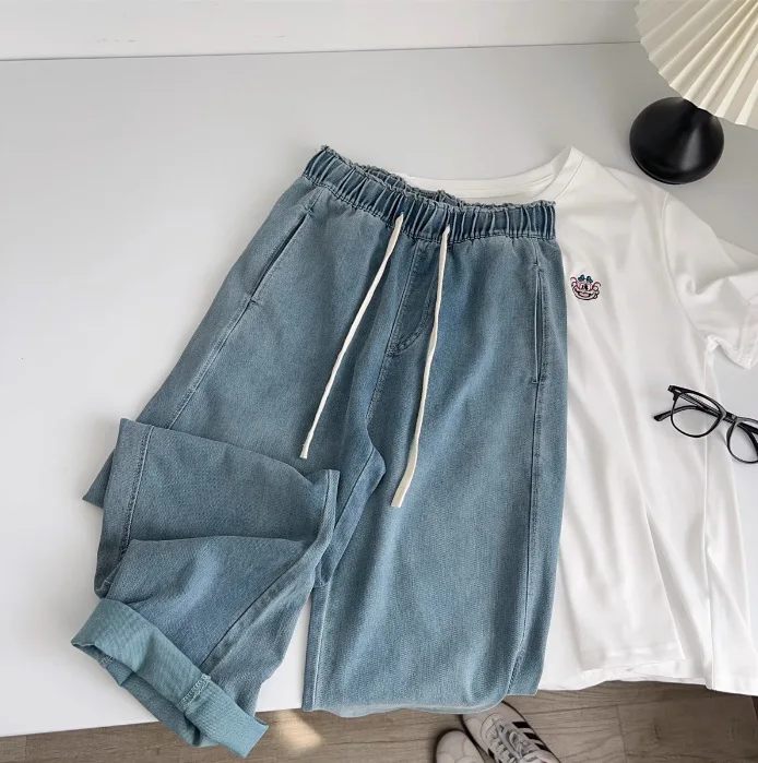 Summer Lyocell Soft Wide Leg Jeans Women Drawstring High-Waisted Loose Lightweight Wide-Leg Pants
