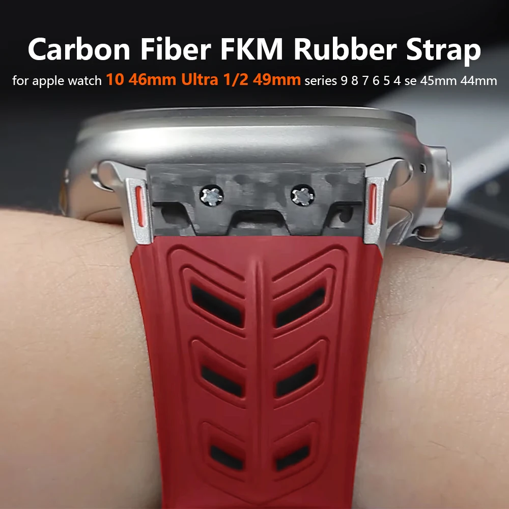 

Carbon Fiber FKM Rubber Strap for Apple Watch 10 46mm Ultra 2 49mm Fluororubber Bracelet for Iwatch Series 9 8 7 6 Se 45mm 44mm