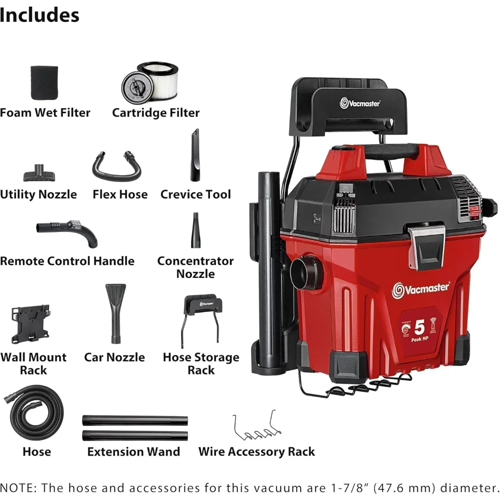 Aspirapolvere umido/secco da parete da 5 galloni e 5 cavalli con telecomando