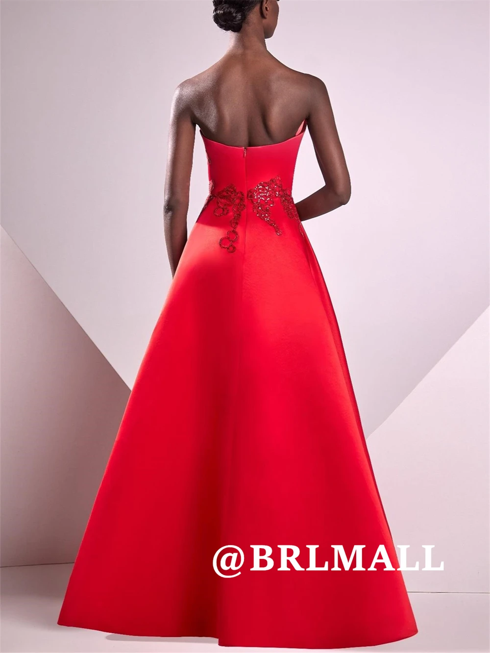 BRLMALL Apliques de lentejuelas Vestido de fiesta de satén Una línea Vestidos de noche largos para mujeres Vestidos de fiesta de graduación con cremallera sin tirantes