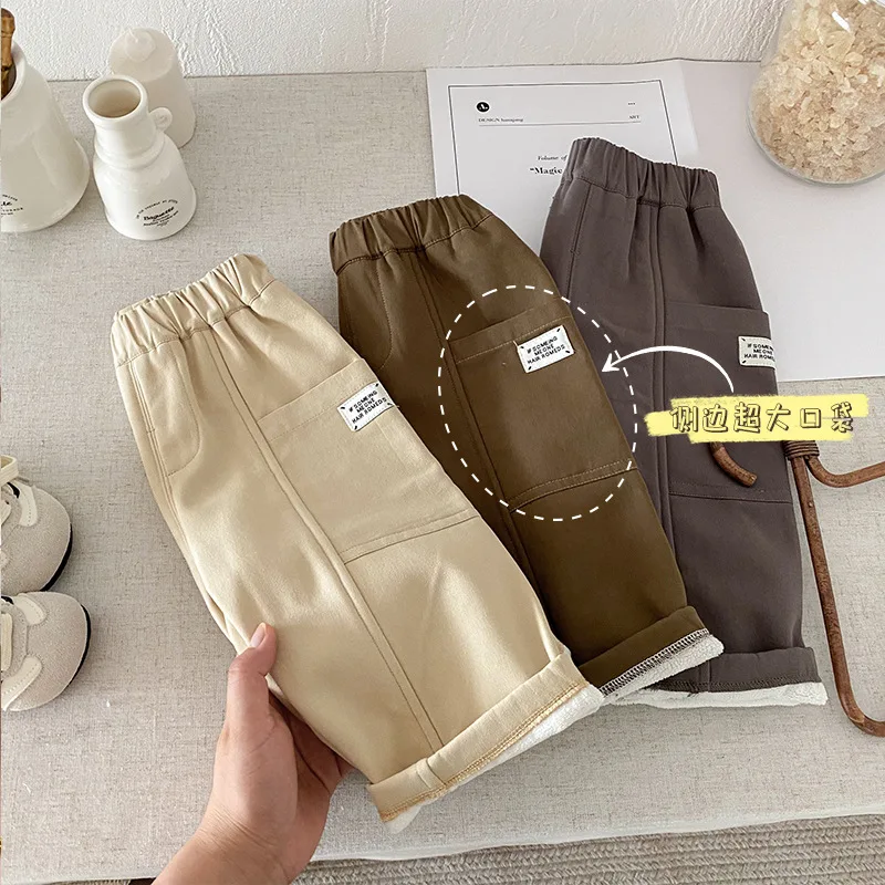 Children's Velvet Sweatpants 0-5 Years Old Winter Korean Children's Clothing Boys' Stylish Solid Color Casual Pants Baby Pants