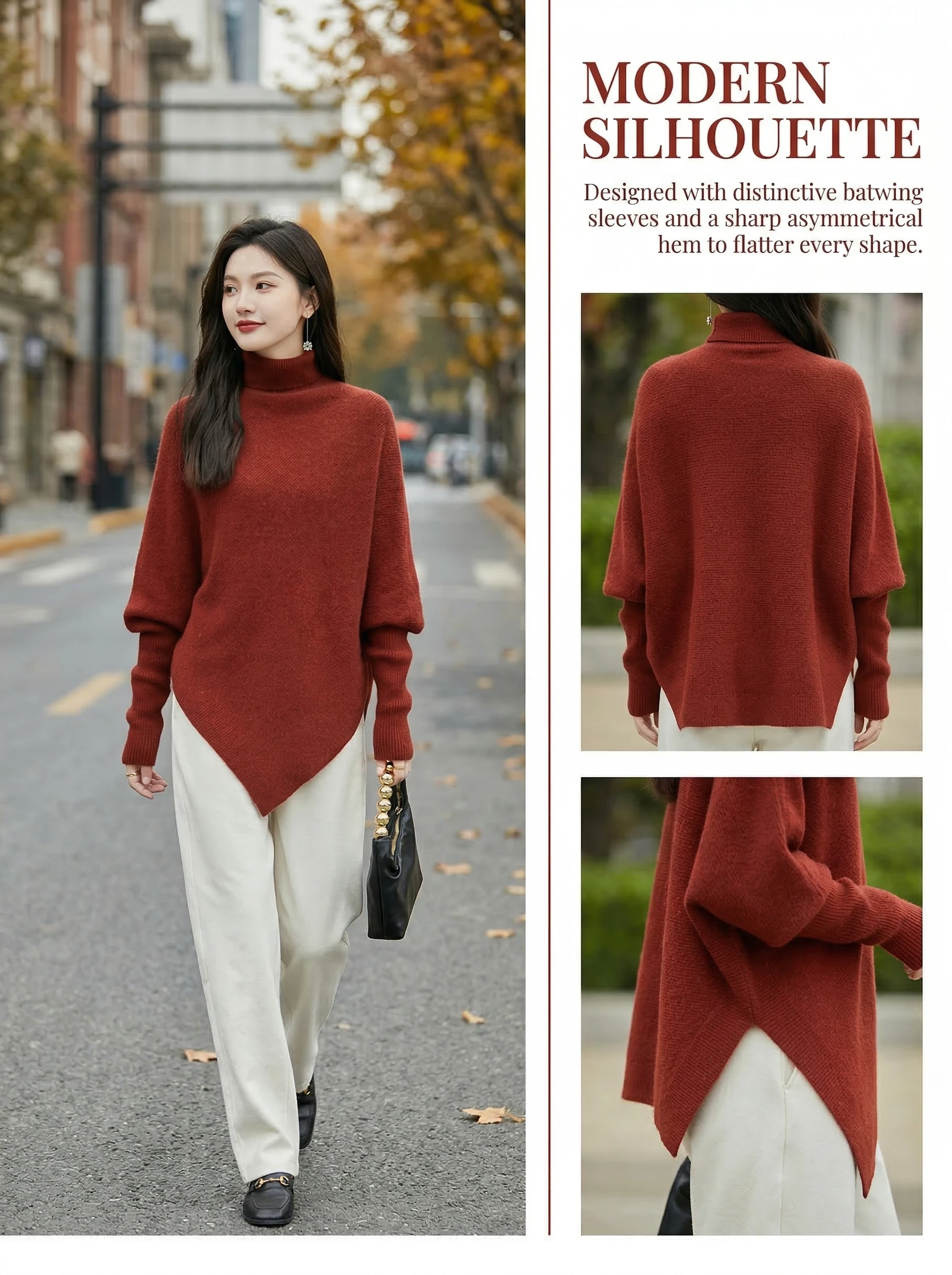 

Autumn Winter Batwing Sleeve Cashmere Pullover Sweater Elegant Shawl Women 100% Merino Wool Knitwear Turtleneck Sweater Shawl
