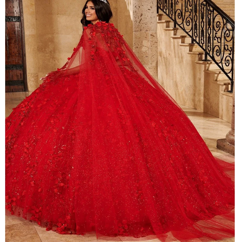 Lorencia-Vestido de baile Quinceanera vermelho com capa, espartilho 3D, apliques de renda, frisado doce 16, 15 anos, YQD219