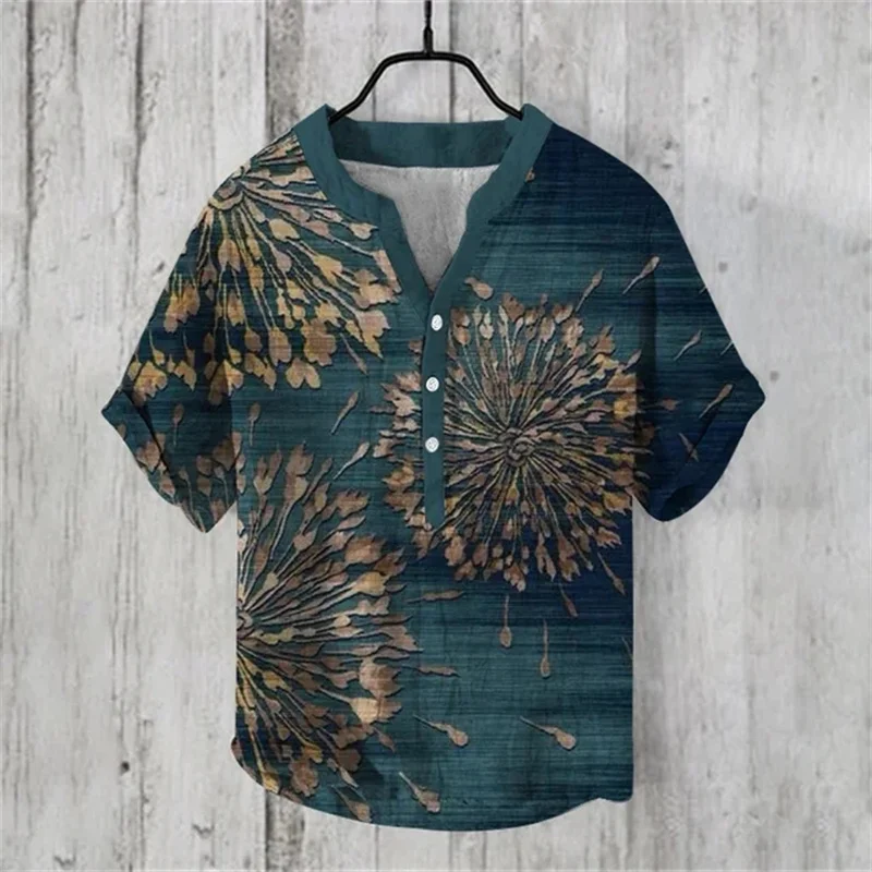 New 2024 men's spring and summer henley short sleeve retro short sleeve t-shirt crossover men's button v-neck Japanese art casua