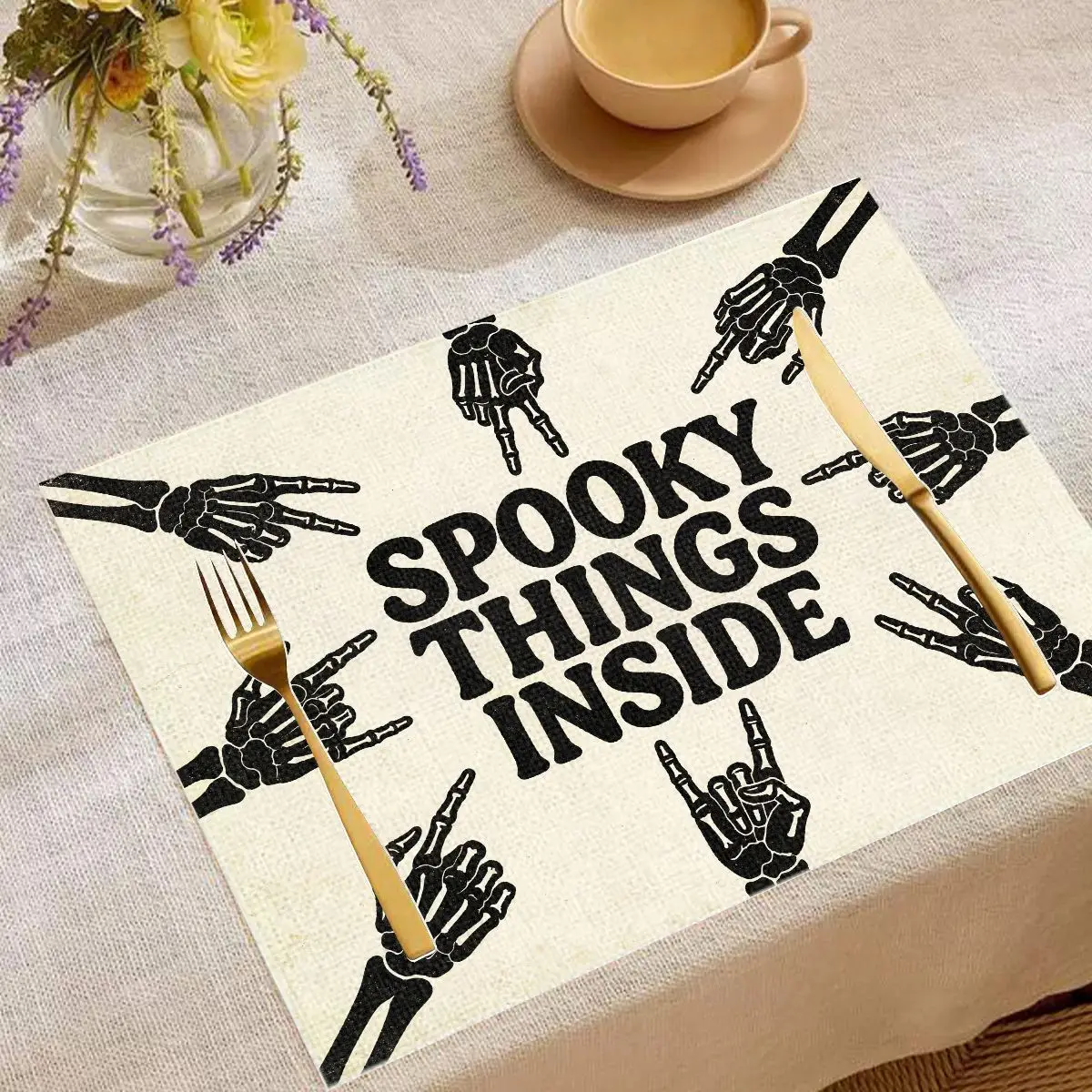 VIKAMA Spooky Things Inside Halloween Placemat Skeleton Hands Print Linen Vintage Heat Resistant Dining Decor