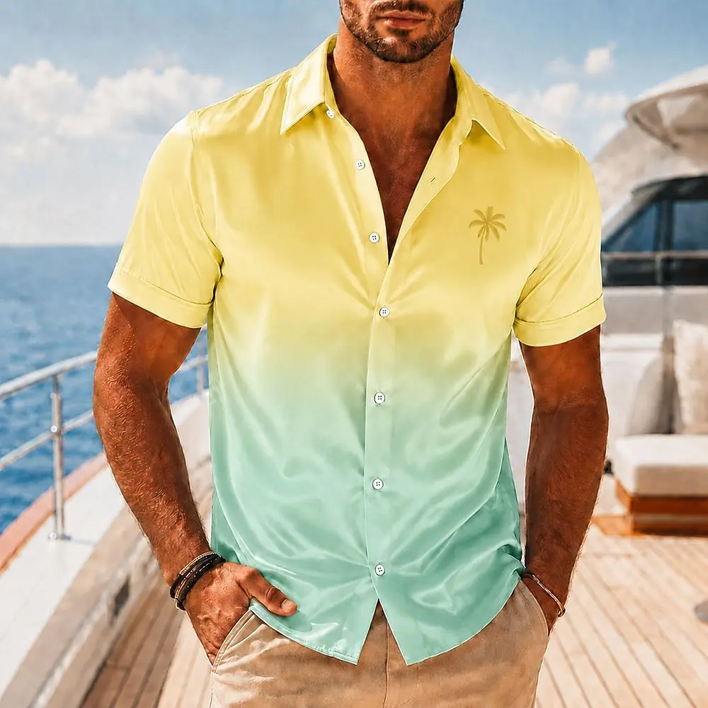

Men's Yellow Mint Green Gradient Palm Tree Print Button Down Shirt, Casual Tops for Spring Summer Beachwear & Vacation Occasions