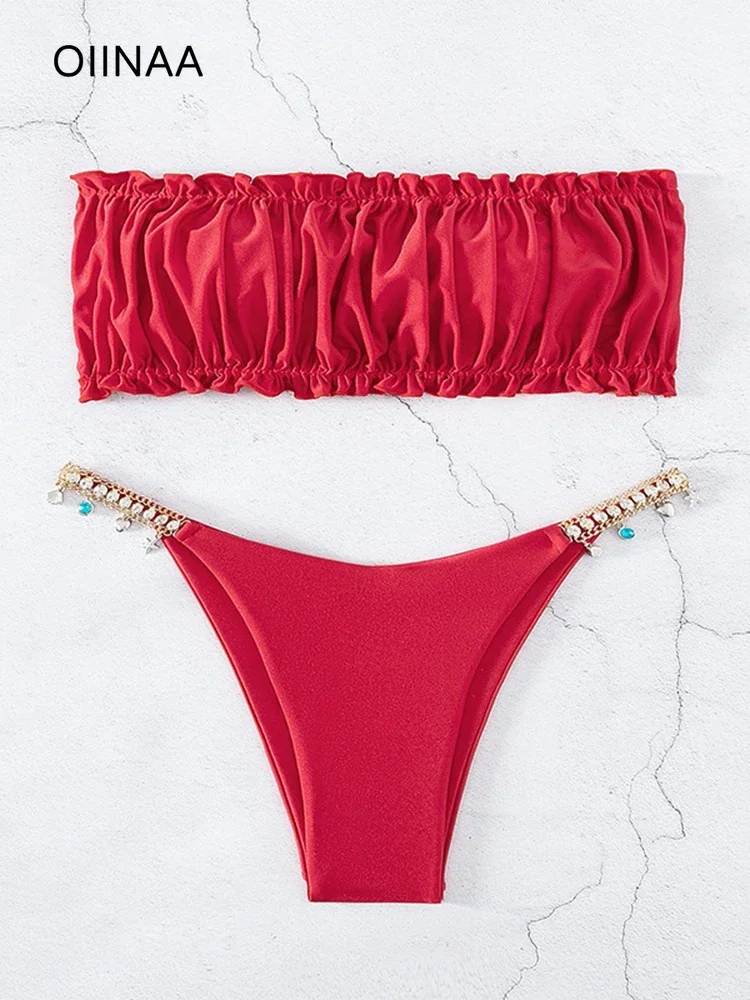 

OIINAA Bathing Suit Women Sexy Solid Pleated Bikini Set Strapless Ruffled Beachwear Two-pieces Diamonds Female Summer Swimwear