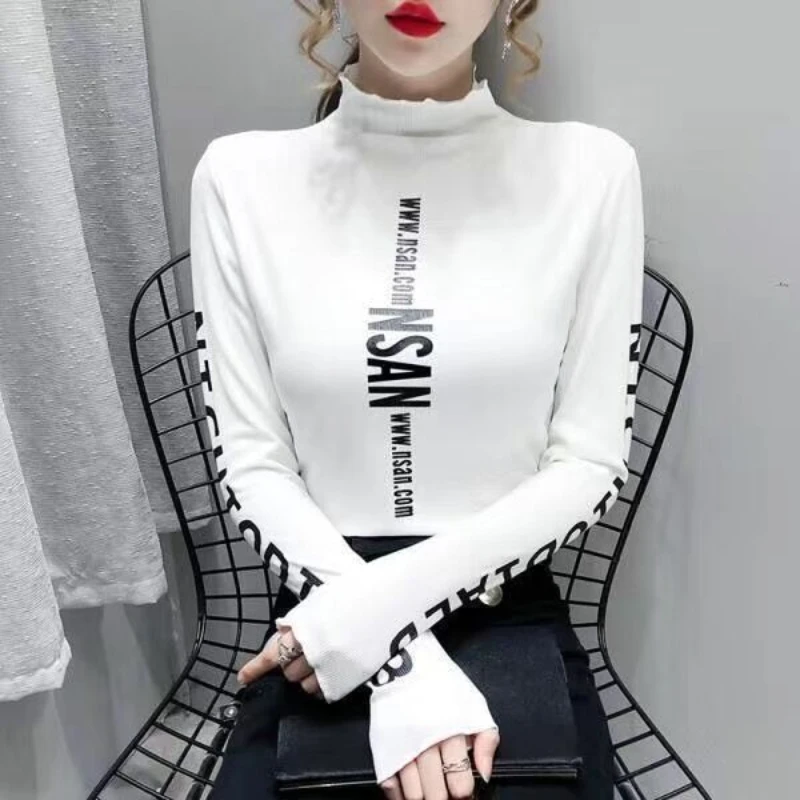 Spring Autumn New Plus Size Print Letter Office Bottoming Shirt Slim Street Casual T Shirt Tops Fashion Vintage Women Clothing