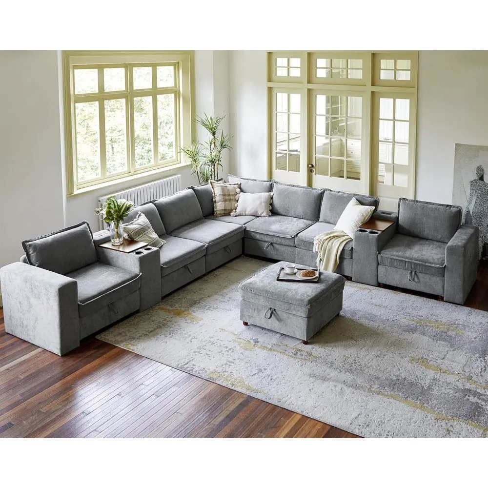 

Living Modular Sectional Couch, Oversized L/U Shaped Sofa with Console, USB Charger, Cup Holder, Storage, Ottoman.