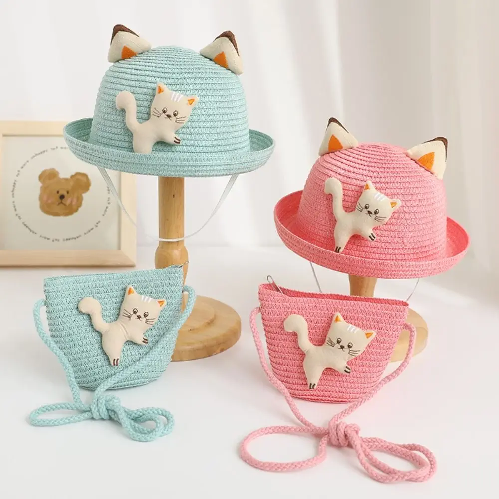 Mini bolso de paja tejido a mano, monedero bonito con cremallera, bolsos de mensajero para niños, accesorios para fotos de gato de dibujos animados, bolso cruzado