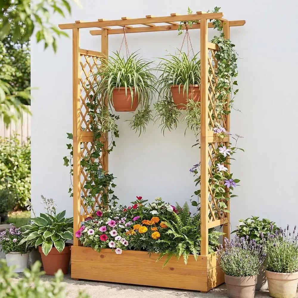 70 Elevated Wood Garden Bed with Trellis, Hanging Baskets, Dual Side Trellises, Open Base, Ideal for Vegetables and Climbing Pla