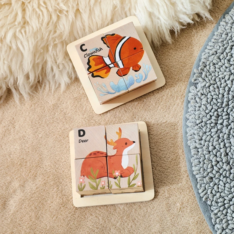 Baby Houten Blokken Speelgoed Kinderen Zes Zijkubus Legpuzzels Spel Dierenverkeer Cognize Vroeg Leren Educatief Speelgoed Kid Gift
