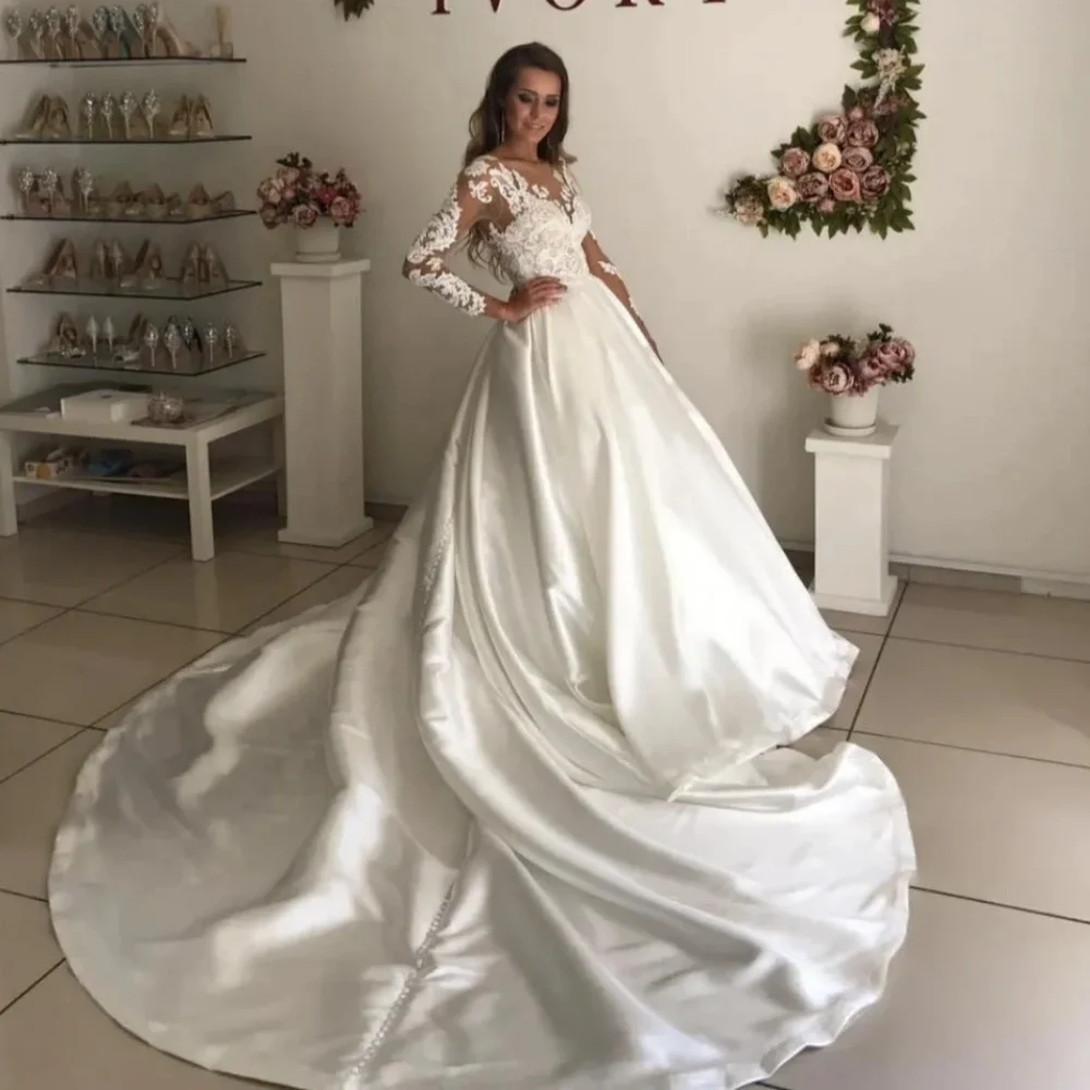 Customized Elegant V Neck Wedding Dress A Line Long Sleeve Bride Desses Lace Classic Ball Gowns New Arrival Vestidos De Novia