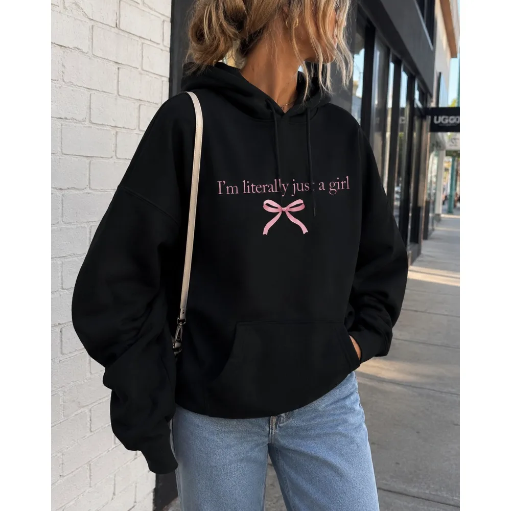 I'm Literally Just A Grill and Pink Bow Print Pattern for Autumn and Winter Women Casual Hooded Sweatshirt with Kangaroo Pocket