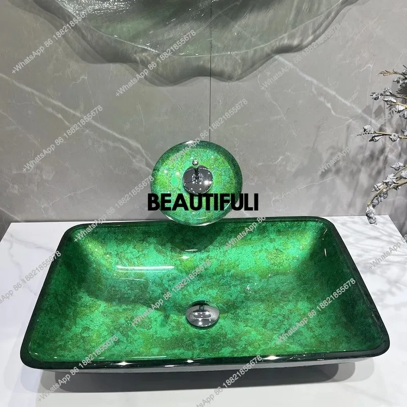 

R Ретро зеленая раковина из закаленного стекла, бытовая раковина на столешнице, минималистичная художественная раковина, креативная прямоугольная раковина, круглая