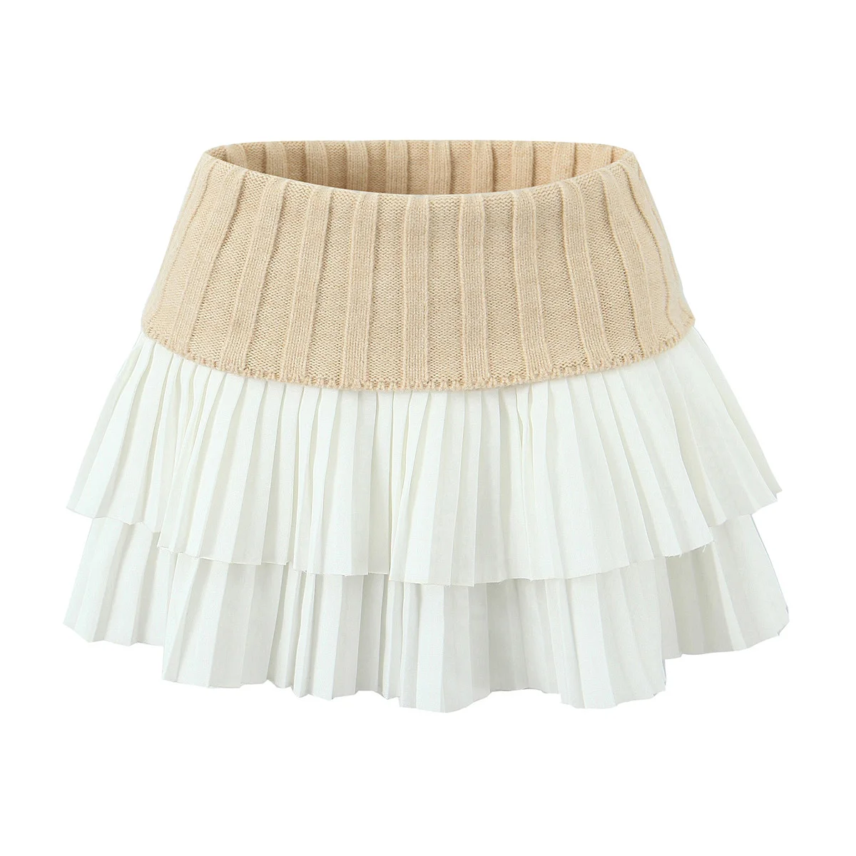 2024 Y2K Women Contrast Color Knitted Spliced Chiffon Ruched Pleated Mini Skirt Elastic Waist A-line Short Saia Skirt Cool Girl