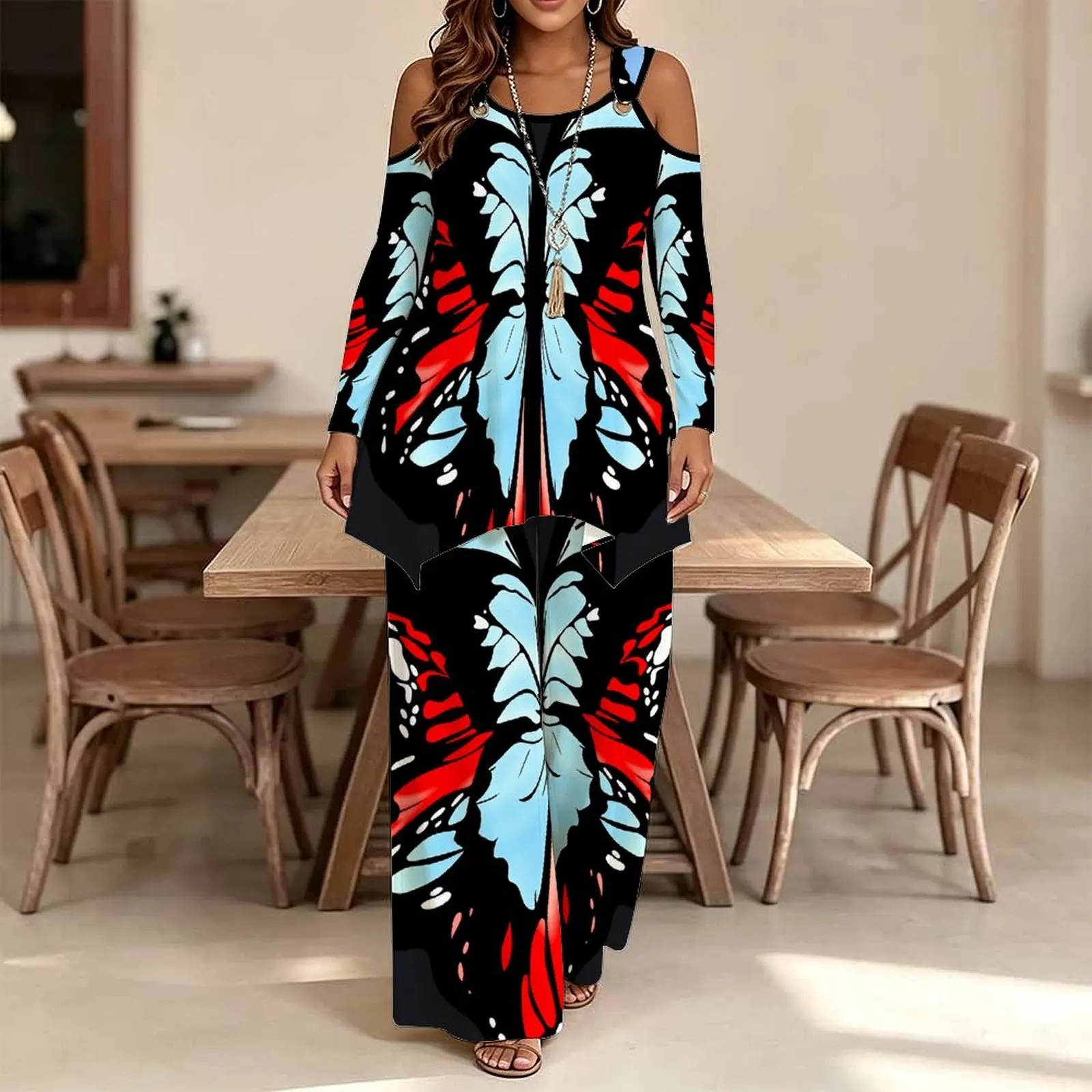 Plus Size Elegant Pants Winter Two-piece Set Off-the-shoulder T-shirt Women's Irregular Top Printed Trousers Autumn Long-sleeved