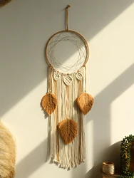 HandWoven Tapestry,Boho Macrame Dream Catcher with Leaf,Nordic Home Decor Wall Hanging Crafts for Bedroom Living Room Decoration