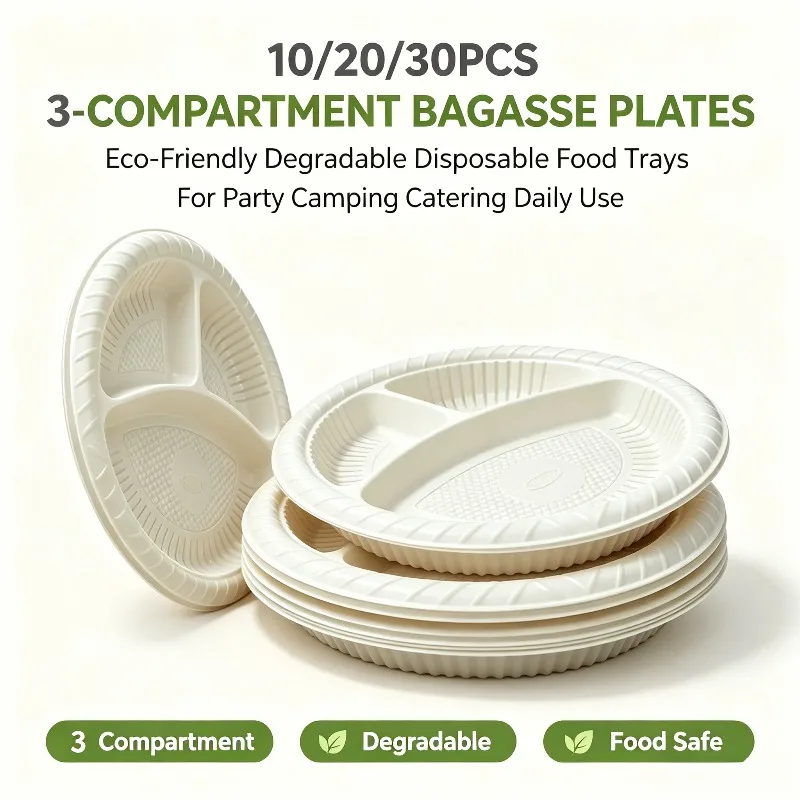 10/20/30PCS 3‑Compartment Disposable Bagasse Plates, Eco‑Friendly Degradable Food Trays for Party, Camping, Catering & Daily Use