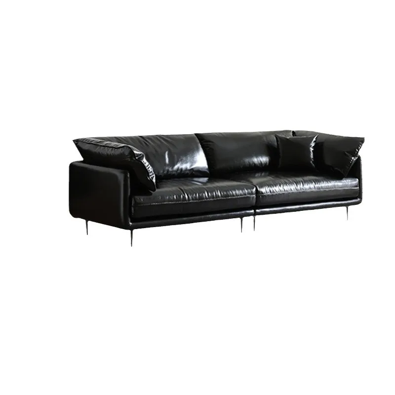 

Leather sofa living room Italian minimalist small apartment straight row three people black