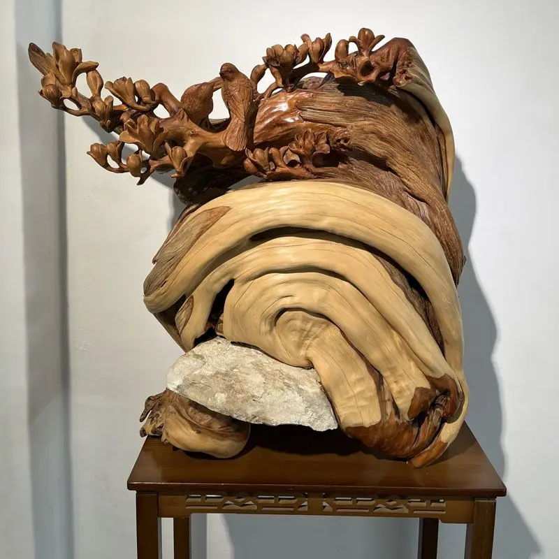 Flowers bloom rich solid wood carving natural shape length 65 width 25 height 60