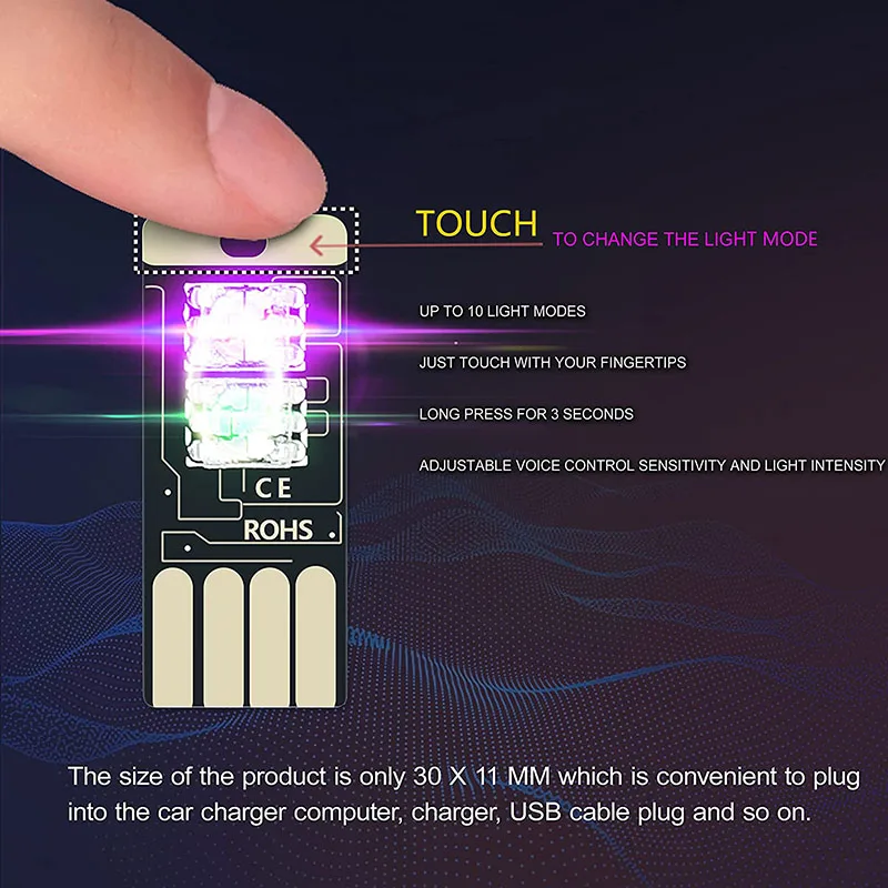 1 sztuk Mini USB LED żarówka Sound Touch Control dekoracja wnętrza samochodu dekoracja atmosfera światła regulowana jasność dekoracyjna