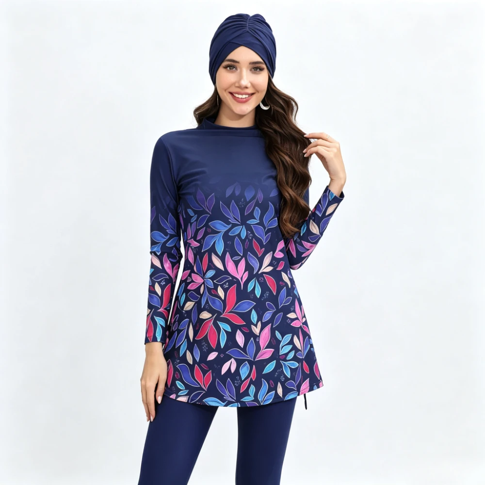 Colorful Leaf Print 3 Pcs Modest Burkini Swimwear Long Sleeve Tunic Top + Full Leggings Turban Hat UPF Muslim Beach Swimsuit Set