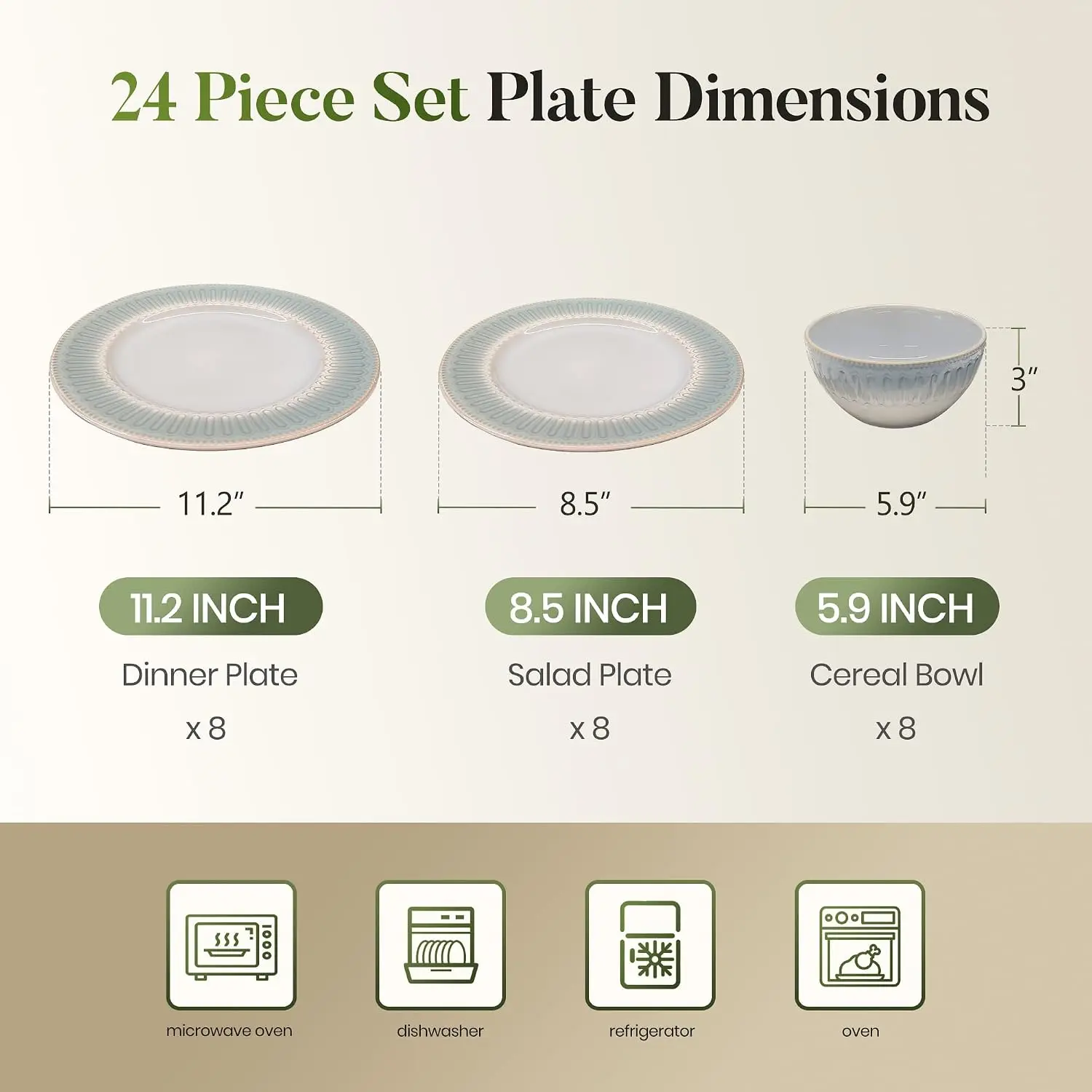 24-Piece Stoneware Dinnerware Sets for 8, Kitchen Ceramic Plates and Bowls Set Non Toxic, Blue Embossed Dishes view 2
