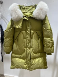 Doudoune en duvet d'oie pour femme avec col en fourrure de renard naturel véritable, longue optique, doudoune chaude, vêtements d'extérieur de luxe, manteau femme, hiver 2023, 90%