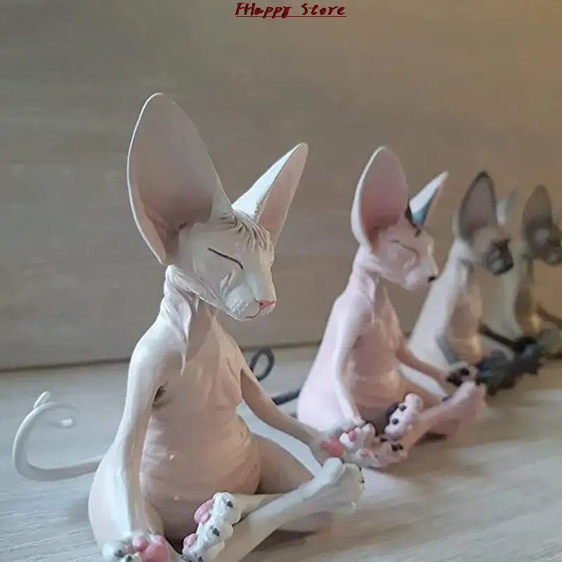 Home Decor Sphynx Cat Meditate Collectible Figurines Miniature Buddha Cat Figurine Animal Model Doll Toys Hairless Cat Figurine