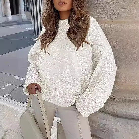 여성용 오버사이즈 니트 스웨터 라운드 넥 풀오버 플러피 소프트 가을 겨울 패션 캐주얼 편안한 상의