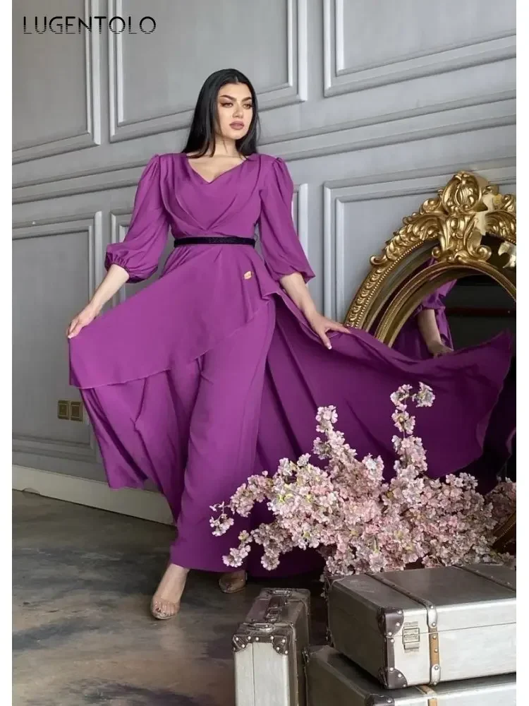 Women Party Jumpsuits Sexy Dance High Waist Purple Wide-leg Pants Femall Elegant Big Swing Long Jumpsuit