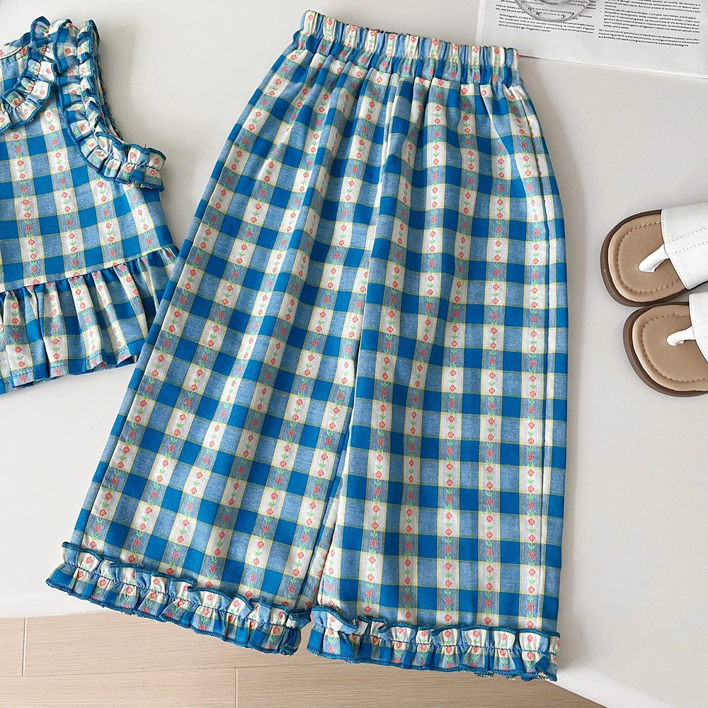 Summer Girls' Suits Fashion Floral Plaid Round Neck Tank Top+Wide Leg Pants Children's Clothing Two-piece Set image 4