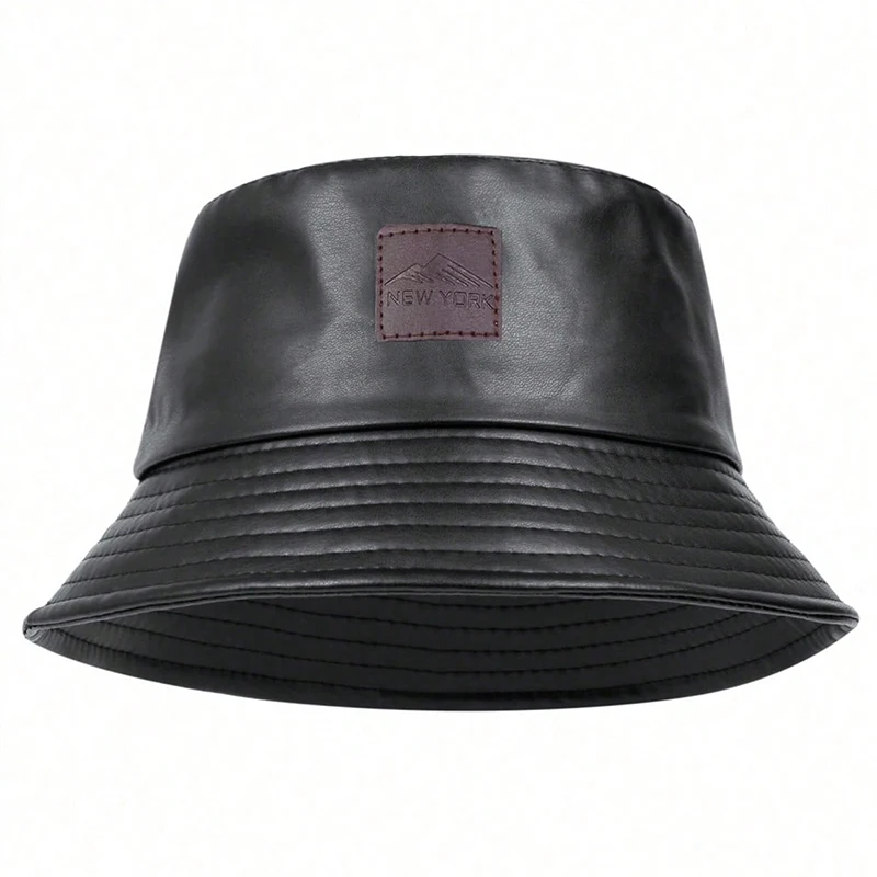 Unisex PU Leather Label Mountain Stamp Range Bucket Hats Fishermen Caps Outdoor Casual Cap Sunscreen Hat