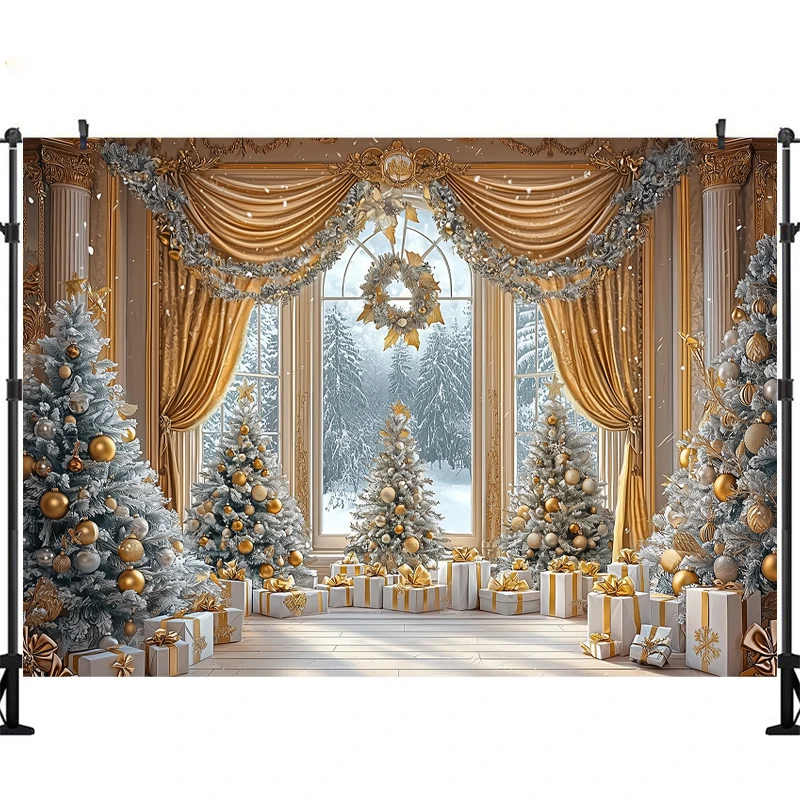 LS Golden Christmas Windows Backdrop Winter Snowflake Scene Xmas Trees Kids Baby Photography Adult Photocall Festival Background