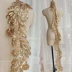 1Pc Gold Sequin Flower Lace Applique Motif Embroidery Patch For Dance Costume Craft Size 130*12cm