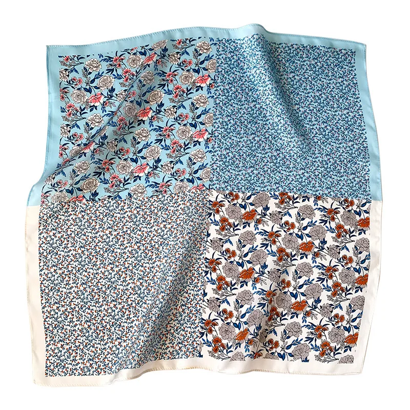 

100% Silk Scarf For Women Japanese Style Blue Flower Print Square Scarf Mori Girl Sweet Silk Patchwork Scarf Accessories