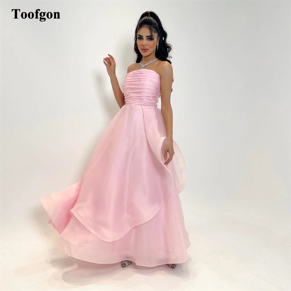 

Toofgon Pink Organza Long Prom Gowns Pleated Strapless A Line Layers Women Formal Wedding Party Special Dress Evening Dresses