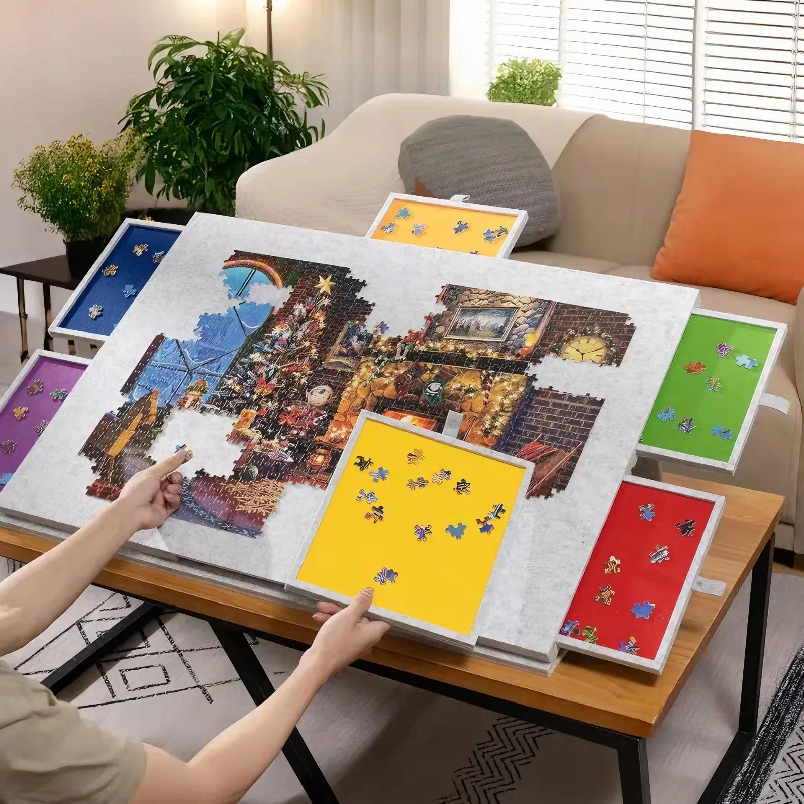 Tableau de puzzle décoratif 6-en-1 inclinable avec 6 tiroirs, plateforme en tissu feutré pour 1000 pièces, idéal pour la décoration intérieure