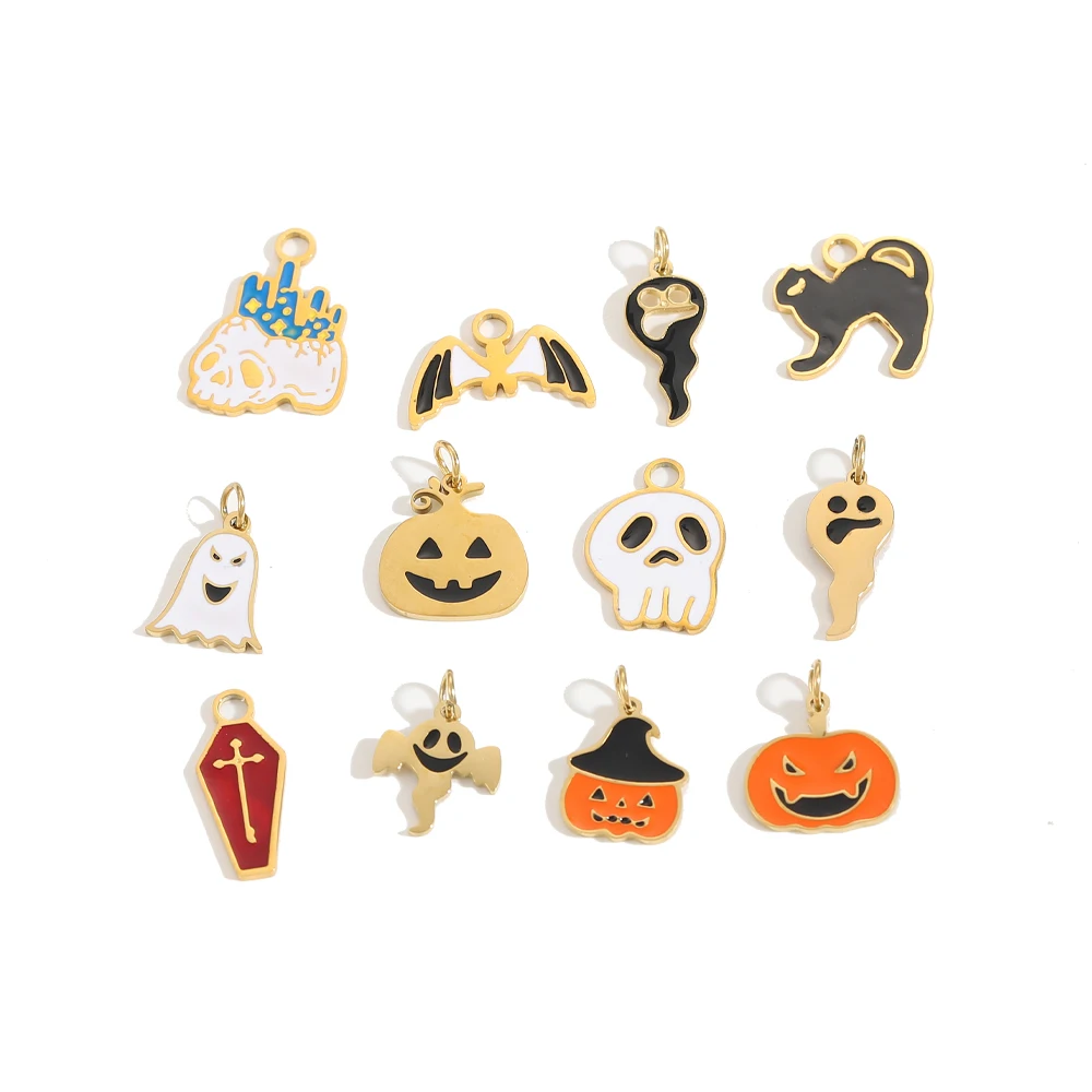 CARLIDANA 2PCS Halloween Easter Charms Stainless Steel Enamel Ghost Broom Bat Pumpkin Pendant DIY Accessories for Jewelry Making