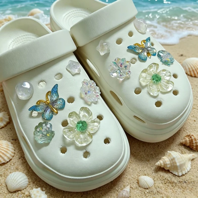 12pcs Transparent Blue Butterfly Garden Shoe Accessories DIY Cute Style Women's Beach Shoes Decorative Buckle Flower