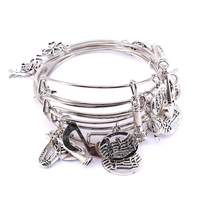 5pcs Bangle Set Wire Bracelets for Women Girls Jewllery Mixed Musical Note Horn Saxophone Microphone Charm Bracelets C040