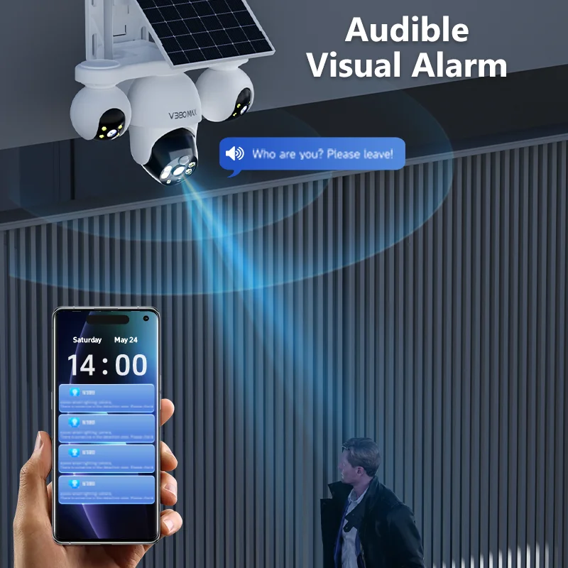 كاميرا مراقبة V380 PRO 4G تعمل بالطاقة الشمسية بدقة 12 ميجابكسل 360 درجة °   رؤية كاملة الألوان للرؤية الليلية لا تحتاج إلى شاشة تحكم عن بعد لواي فاي