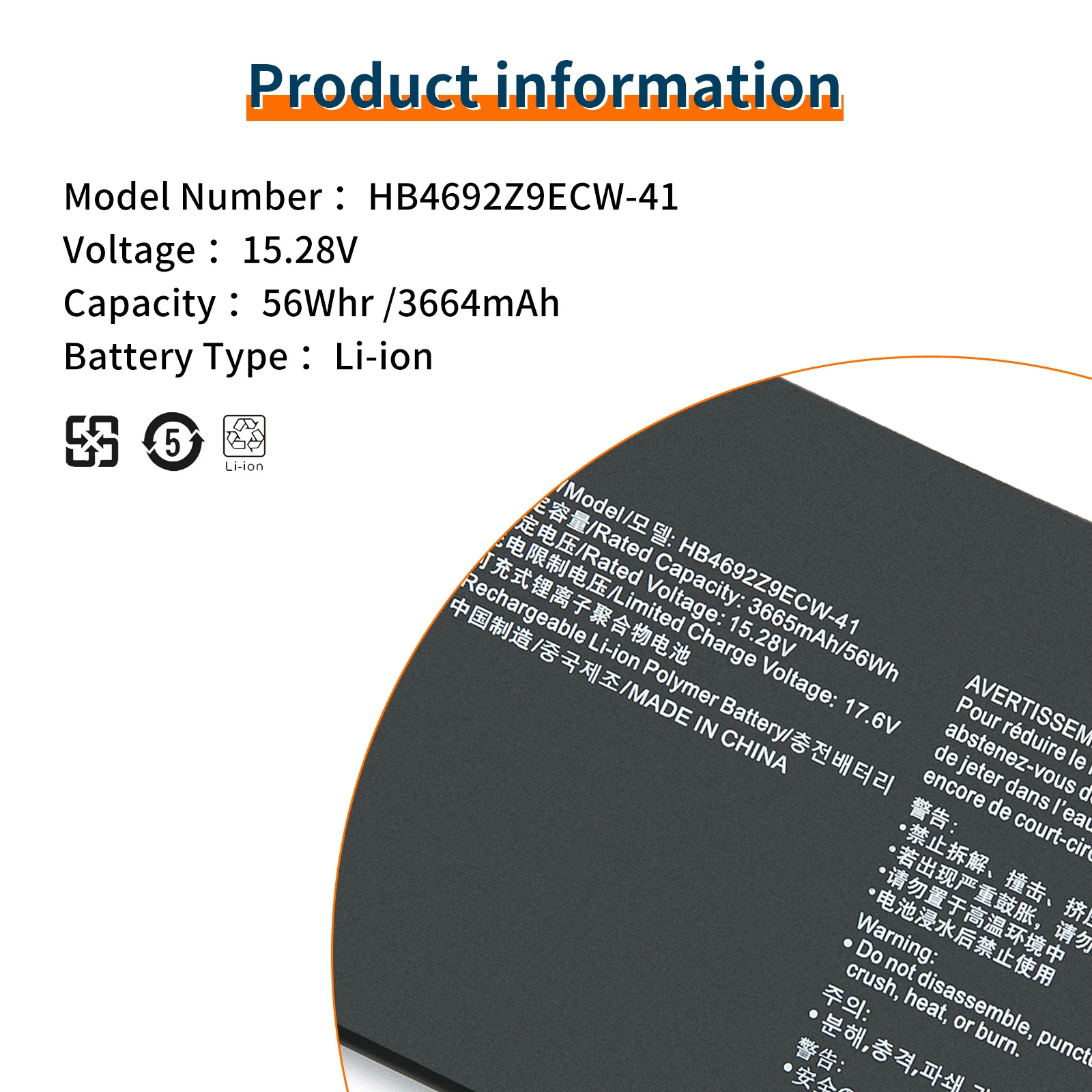 HB4692Z9ECW-41 4ICP5/62/81 Bateria do Huawei Honor MateBook D14-53010TVS Magicbook 14 HB4692Z9ECW NBLK-WAX9X 56WH — zdjęcie produktu 5