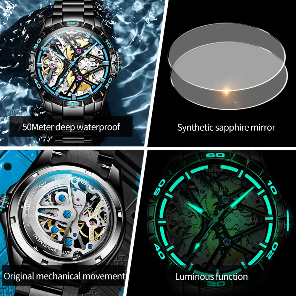 OUPINKE 3196 Official Genuine Watch Men Hollow out Deep Waterproof Luminous Sapphire Mirror Man Hand Clock Luxury