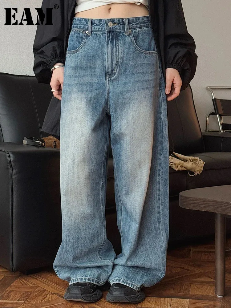 EAM High Waist Blue Denim Vintage Long Casual Wide Leg Jeans New Women Trousers Fashion Tide Spring Autumn 2025  1DJ0159