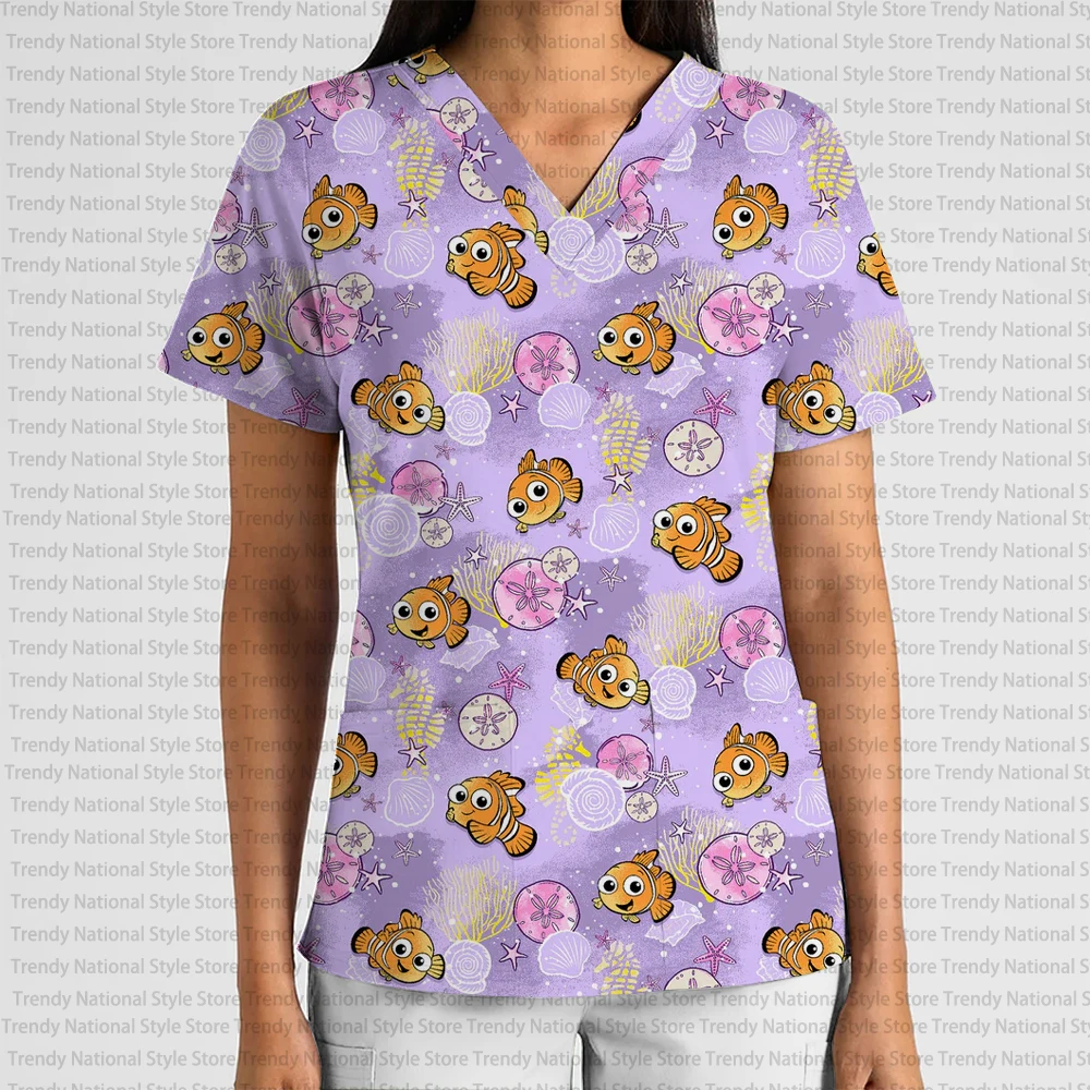 New Women's High Quality Disney Cartoon Mermaid Print Work Uniform V-Neck Pocket Scrub Top Dental Pet Shop Versatile T-Shirt