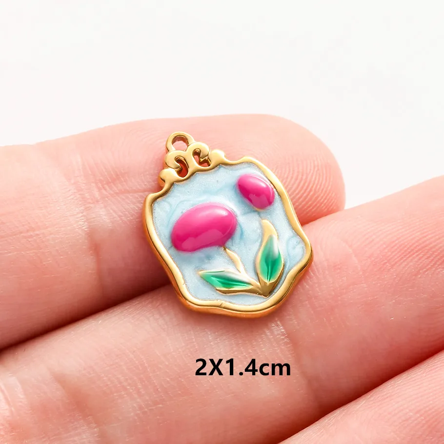 Echte Naturperlen, ovale, unregelmäßige Rosenblüten-Tulpen-Anhänger, bunte Emaille-Charms, Edelstahl-Charms für die Schmuckherstellung, Großhandel. – Detail 9